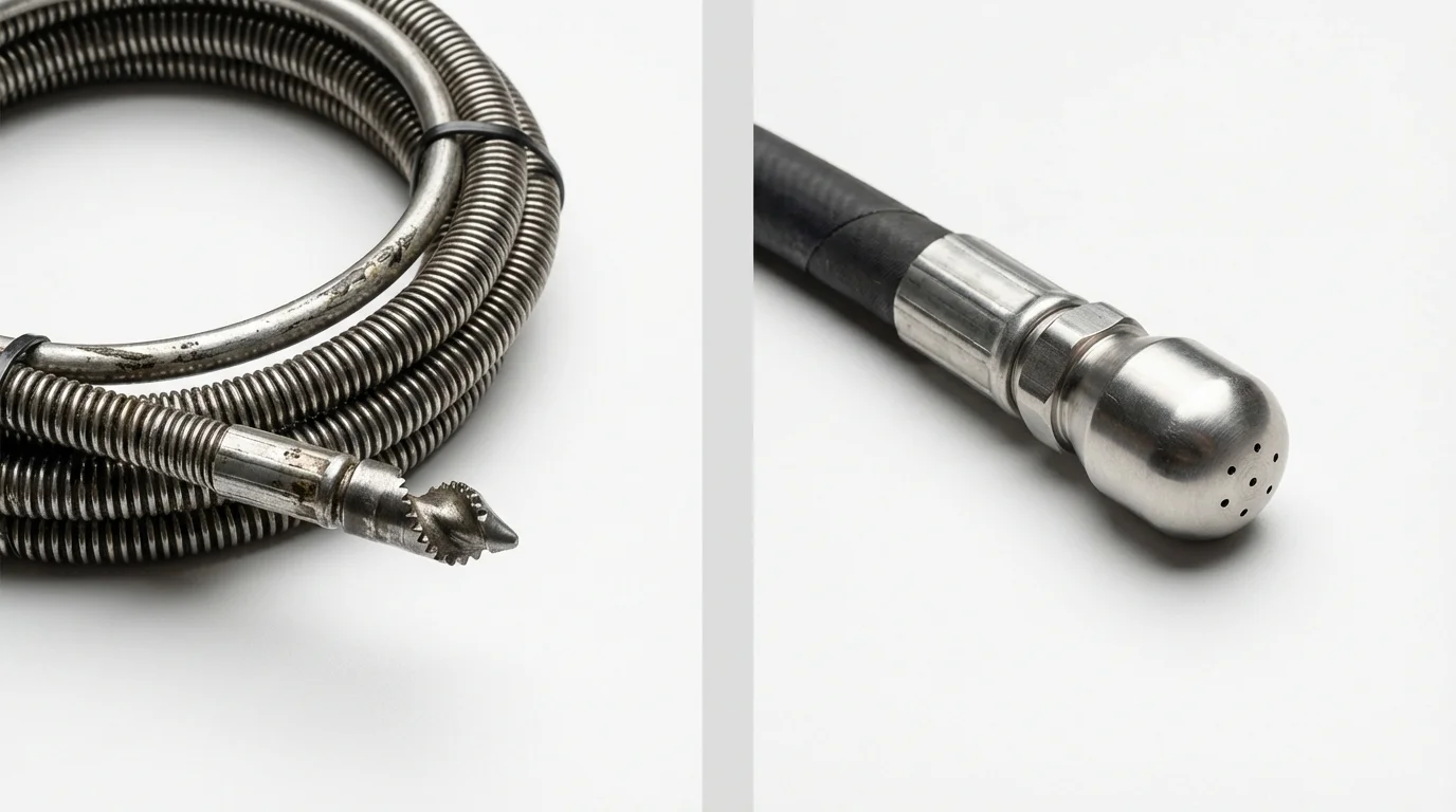 Drain snake cable and hydro jetting nozzle used for drain cleaning in Garden City, ID