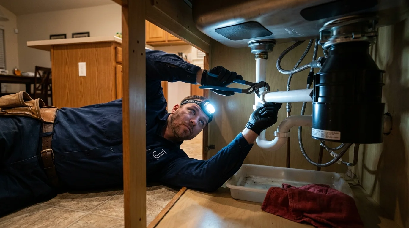 P-trap and supply line connections under a kitchen sink showing a common leak point in Garden City, ID